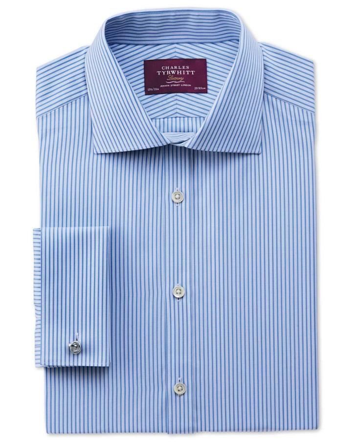 Charles Tyrwhitt Charles Tyrwhitt Slim Fit Semi-spread Collar Luxury Poplin Stripe Sky Blue Cotton Dress Shirt Size 15/35