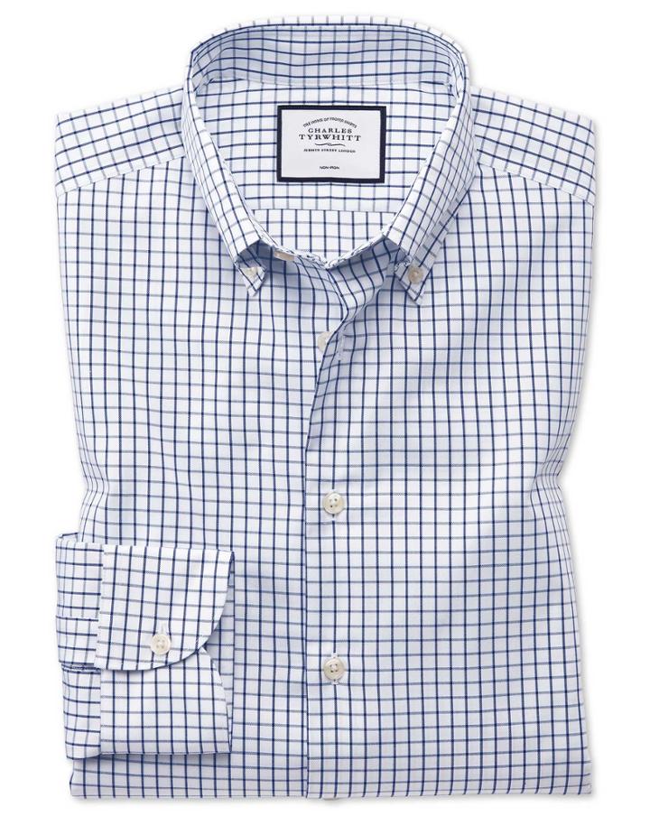  Slim Fit Business Casual Non-iron Button-down Navy Cotton Dress Shirt Single Cuff Size 14.5/32 By Charles Tyrwhitt