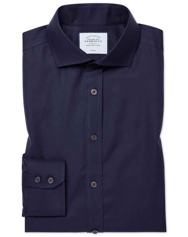  Slim Fit Navy Cutaway Collar Non-iron Twill Cotton Dress Shirt French Cuff Size 14.5/33 By Charles Tyrwhitt