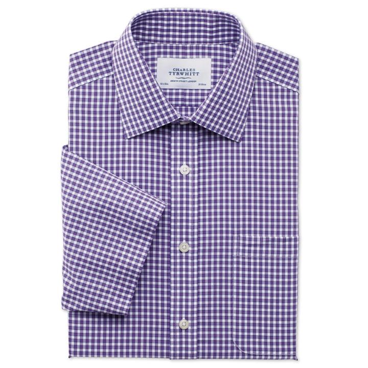 Charles Tyrwhitt Charles Tyrwhitt Purple Edged Gingham Non-iron Short Sleeve Slim Fit Shirt (14h)