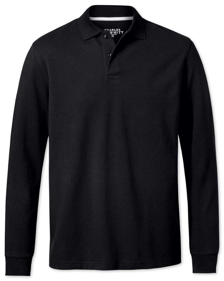  Black Pique Long Sleeve Cotton Polo Size Medium By Charles Tyrwhitt