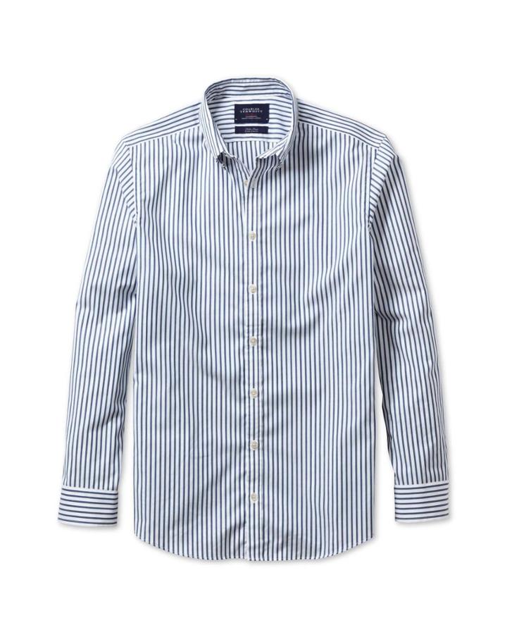 Charles Tyrwhitt Charles Tyrwhitt Extra Slim Fit Non-iron Poplin Blue Stripe Cotton Dress Shirt Size Large
