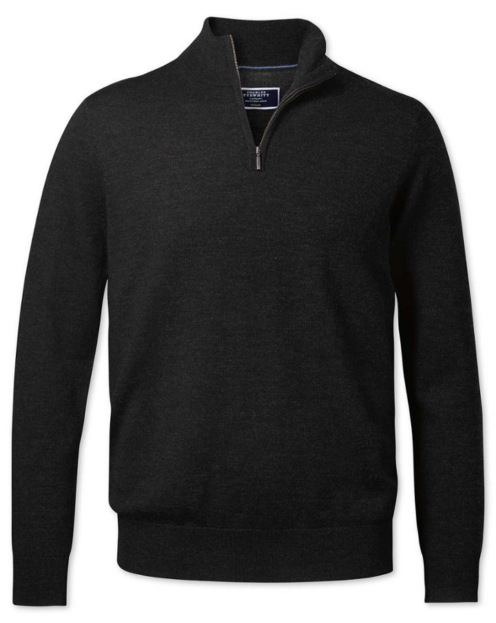  Dark Charcoal Merino Zip Neck Merino Wool Jumper Size Large By Charles Tyrwhitt