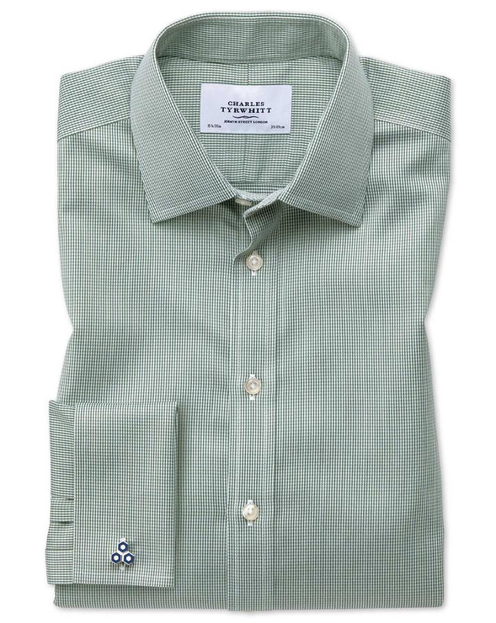 Charles Tyrwhitt Classic Fit Non-iron Puppytooth Olive Green Cotton Dress Shirt French Cuff Size 15.5/33 By Charles Tyrwhitt