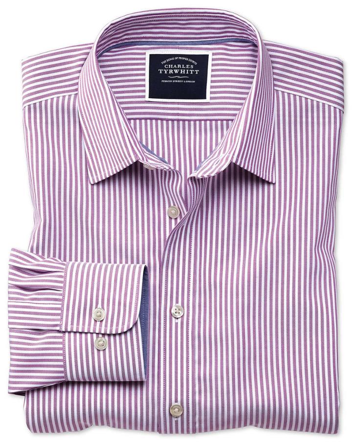  Slim Fit Non-iron Purple Bengal Stripe Oxford Cotton Casual Shirt Single Cuff Size Xl By Charles Tyrwhitt