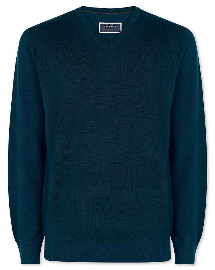  Teal Merino V Neck Wool Sweater Size Large By Charles Tyrwhitt