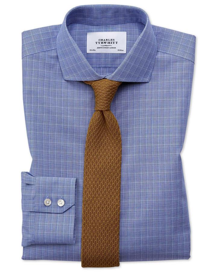 Charles Tyrwhitt Extra Slim Fit Spread Collar Non-iron Prince Of Wales Blue Cotton Dress Casual Shirt French Cuff Size 14.5/32 By Charles Tyrwhitt