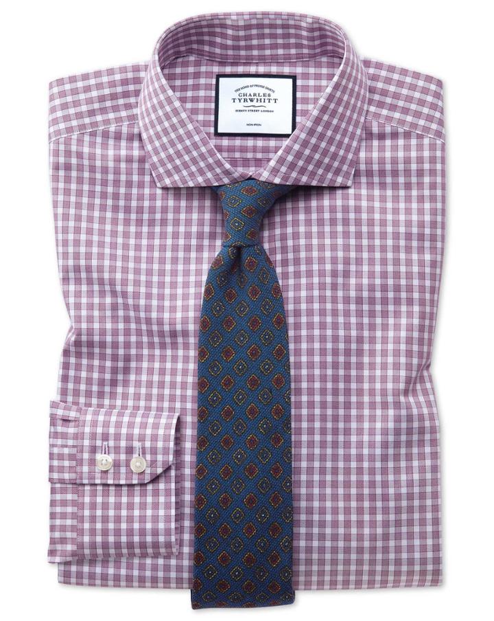  Slim Fit Non-iron Twill Berry Gingham Cotton Dress Shirt French Cuff Size 14.5/33 By Charles Tyrwhitt
