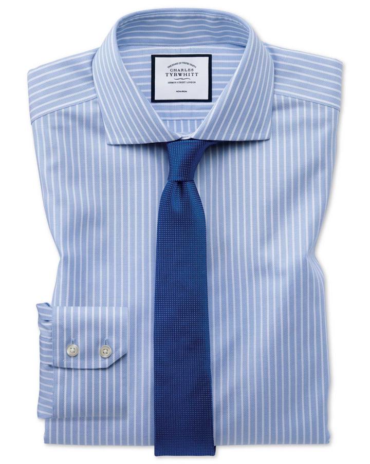 Extra Slim Fit Non-iron Cotton Stretch Oxford Sky Blue And White Stripe Dress Shirt Single Cuff Size 14.5/33 By Charles Tyrwhitt