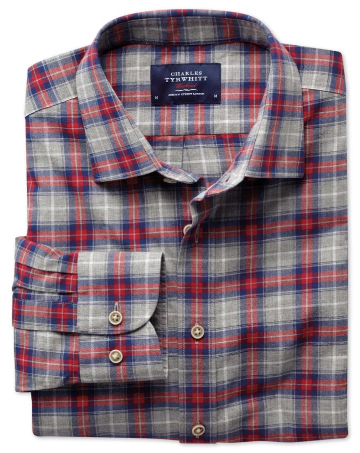 Charles Tyrwhitt Charles Tyrwhitt Classic Fit Red And Grey Check Heather Cotton Dress Shirt Size Medium