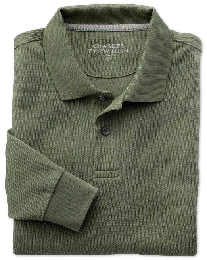 Charles Tyrwhitt Charles Tyrwhitt Olive Pique Long Sleeve Cotton Polo Size Xs