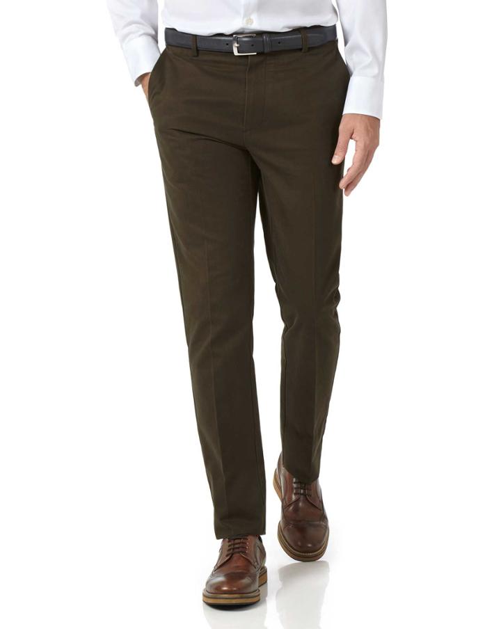 Charles Tyrwhitt Brown Extra Slim Fit Flat Front Non-iron Cotton Chino Pants Size W30 L30 By Charles Tyrwhitt