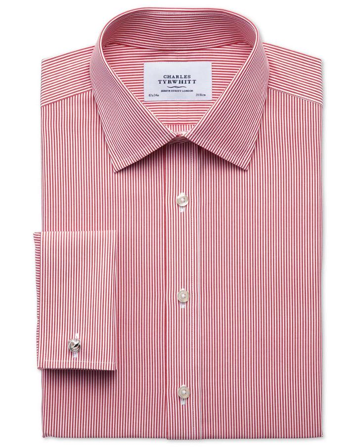 Charles Tyrwhitt Charles Tyrwhitt Classic Fit Non-iron Bengal Stripe Red Cotton Dress Shirt Size 15/33