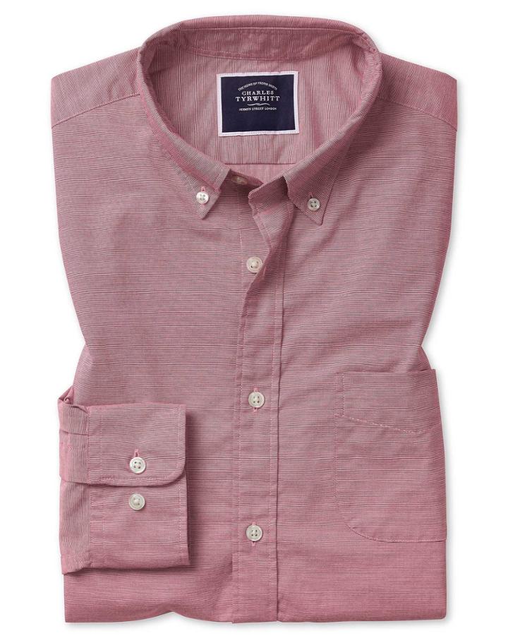  Slim Fit Red Soft Washed Stretch Poplin Plain Cotton Casual Shirt Single Cuff Size Large By Charles Tyrwhitt