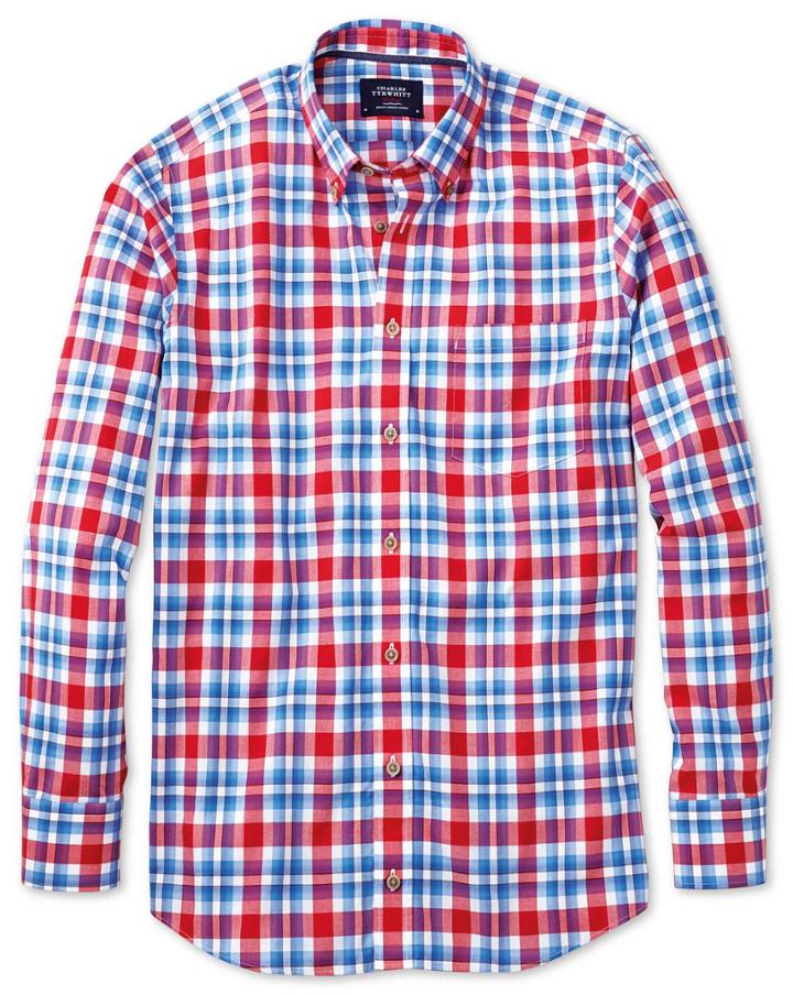 Charles Tyrwhitt Charles Tyrwhitt Classic Fit Poplin Sky Blue And Red Check Cotton Dress Shirt Size Large