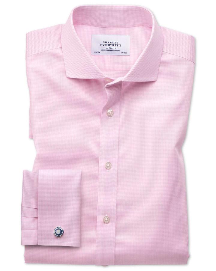 Charles Tyrwhitt Extra Slim Fit Spread Collar Non-iron Puppytooth Light Pink Cotton Dress Shirt Single Cuff Size 14.5/33 By Charles Tyrwhitt