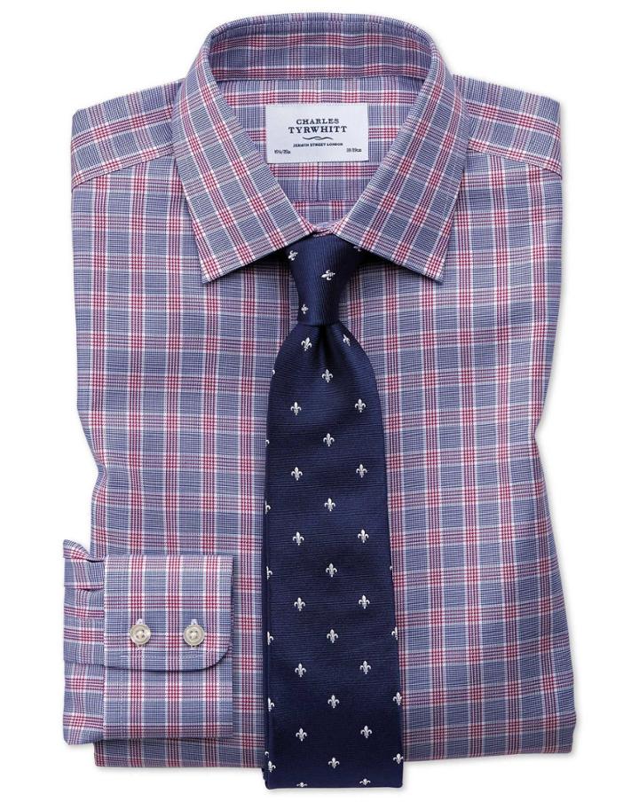 Charles Tyrwhitt Slim Fit Non-iron Prince Of Wales Berry And Navy Blue Cotton Dress Casual Shirt French Cuff Size 14.5/33 By Charles Tyrwhitt