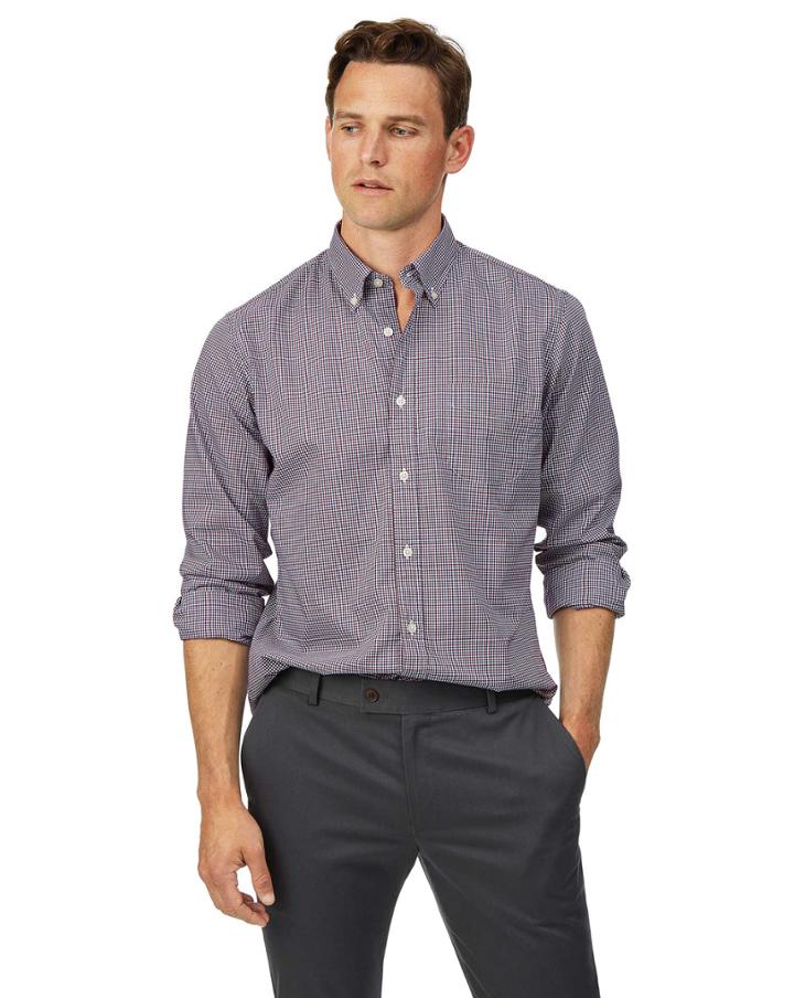  Slim Fit Red Check Soft Washed Non-iron Stretch Poplin Cotton Casual Shirt Single Cuff Size Medium By Charles Tyrwhitt