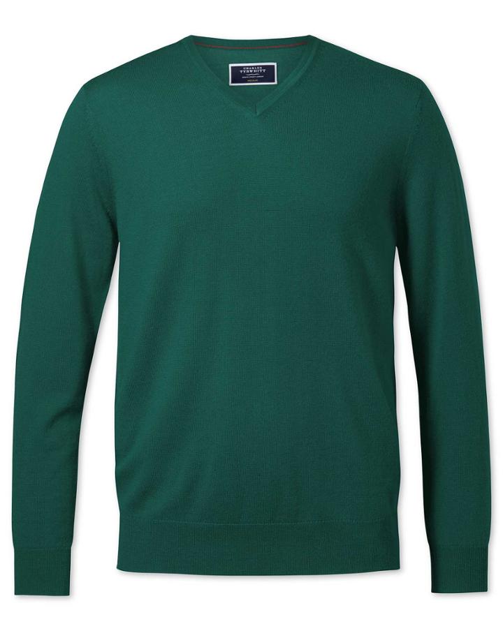  Dark Green Merino V-neck Merino Wool Jumper Size Large By Charles Tyrwhitt