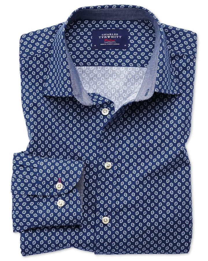Charles Tyrwhitt Extra Slim Fit Blue And White Geometric Print Cotton Casual Shirt Single Cuff Size Large By Charles Tyrwhitt