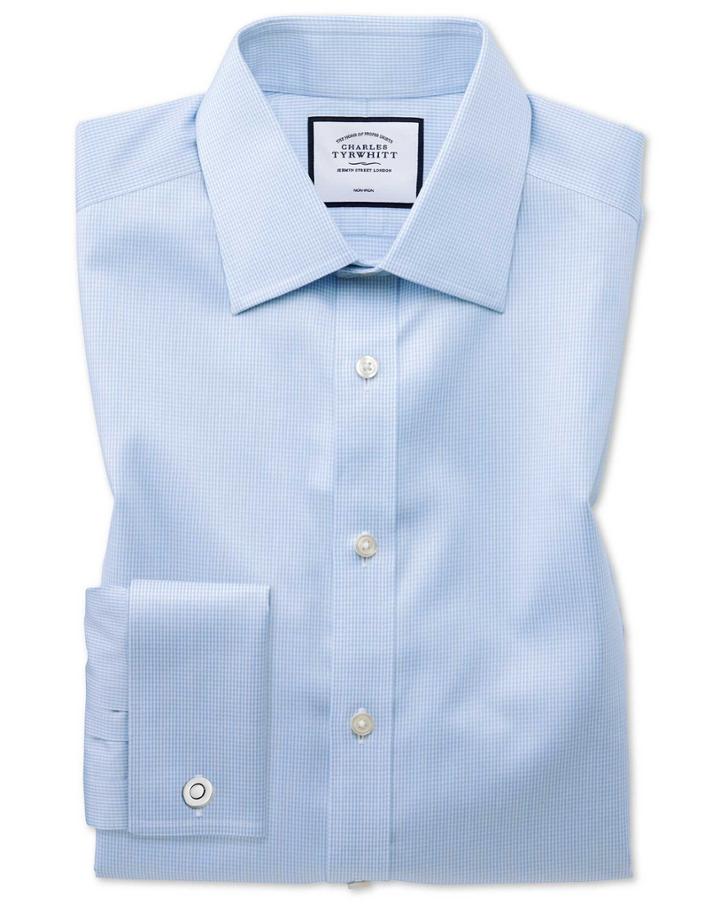  Slim Fit Non-iron Sky Blue Puppytooth Cotton Dress Shirt French Cuff Size 14.5/33 By Charles Tyrwhitt