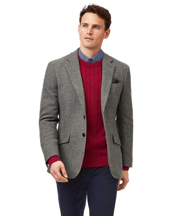  Slim Fit Light Grey Semi Plain Textured Wool Wool Jacket Size 40 By Charles Tyrwhitt