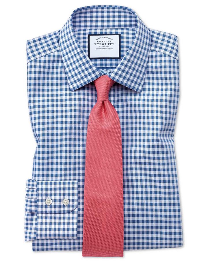 Charles Tyrwhitt Classic Fit Non-iron Gingham Mid Blue Cotton Dress Shirt Single Cuff Size 15.5/33 By Charles Tyrwhitt