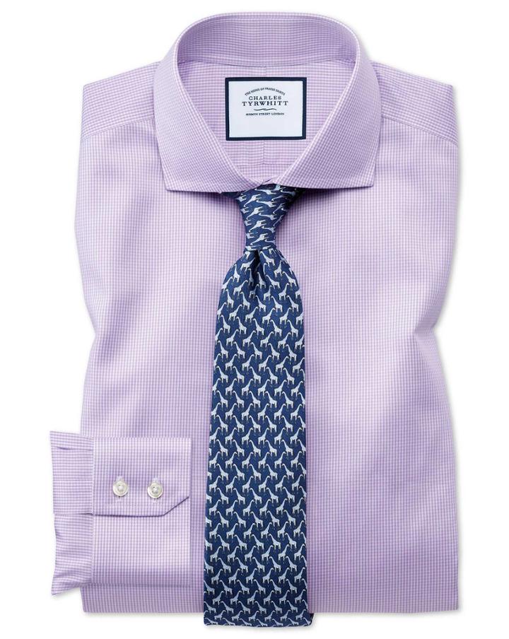  Extra Slim Fit Non-iron Lilac Puppytooth Cotton Dress Shirt French Cuff Size 14.5/33 By Charles Tyrwhitt