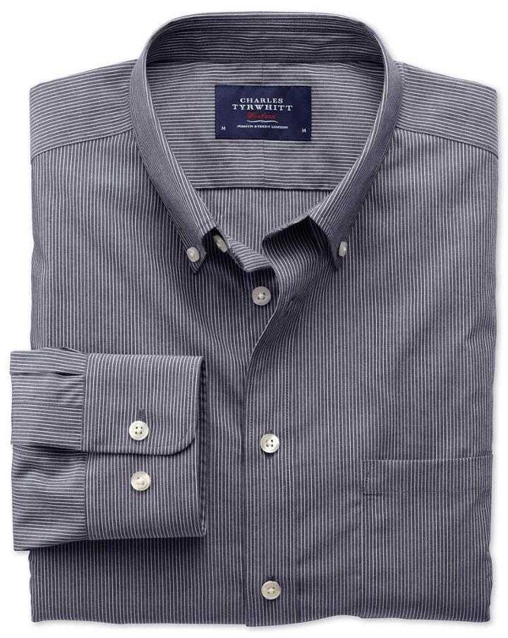 Charles Tyrwhitt Charles Tyrwhitt Slim Fit Non-iron Poplin Indigo Stripe Cotton Dress Shirt Size Large