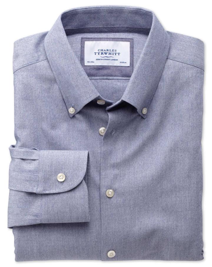 Charles Tyrwhitt Extra Slim Fit Button-down Collar Business Casual Blue Cotton/wool Dress Shirt Single Cuff Size 16/33 By Charles Tyrwhitt