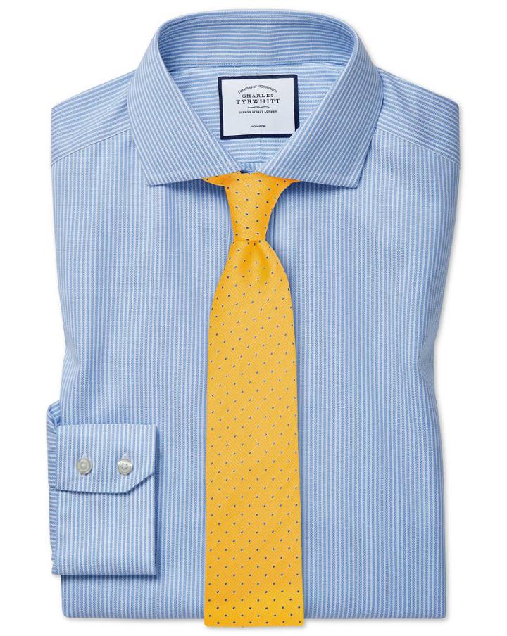  Extra Slim Fit Cutaway Collar Non-iron Cotton Stretch Oxford Sky Blue Stripe Dress Shirt Single Cuff Size 14.5/33 By Charles Tyrwhitt