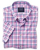  Slim Fit Poplin Short Sleeve Pink Multi Gingham Cotton Casual Shirt Single Cuff Size Xs By Charles Tyrwhitt
