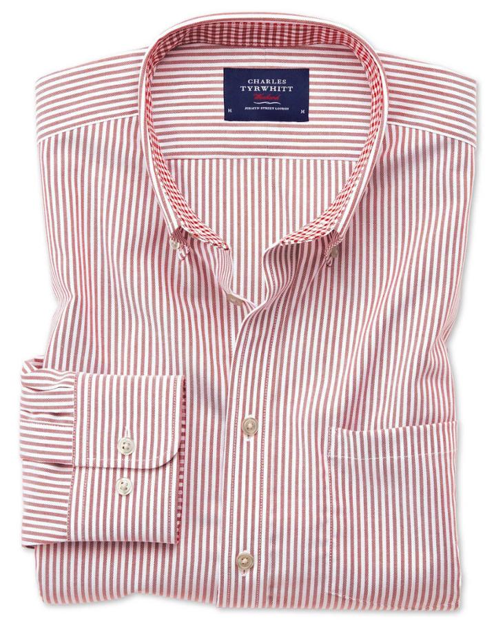 Charles Tyrwhitt Extra Slim Fit Button-down Non-iron Oxford Bengal Stripe Rust Cotton Casual Shirt Single Cuff Size Large By Charles Tyrwhitt