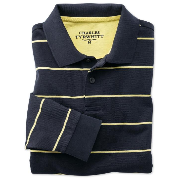 Charles Tyrwhitt Charles Tyrwhitt Navy And Lemon Long Sleeve Stripe Classic Fit Pique Polo (l)