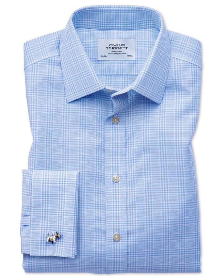 Charles Tyrwhitt Classic Fit Non-iron Prince Of Wales Sky Blue Cotton Dress Casual Shirt Single Cuff Size 15/34 By Charles Tyrwhitt