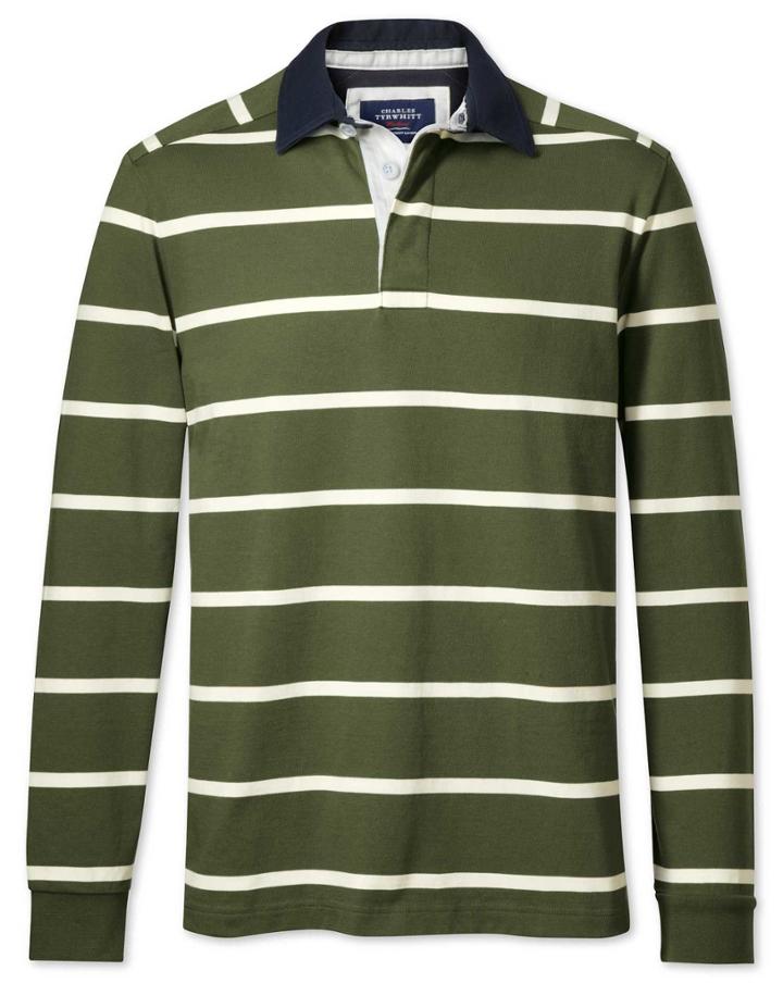 Charles Tyrwhitt Charles Tyrwhitt Olive Stripe Rugby Cotton Shirt Size Large