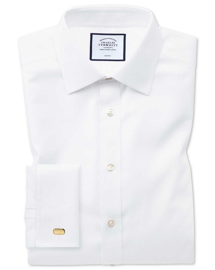  Extra Slim Fit Non-iron White Triangle Weave Cotton Dress Shirt French Cuff Size 14.5/32 By Charles Tyrwhitt