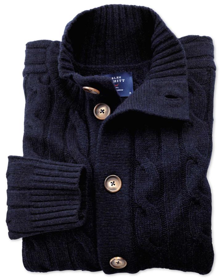  Navy Lambswool Cable Knit Cardigan Size Large By Charles Tyrwhitt