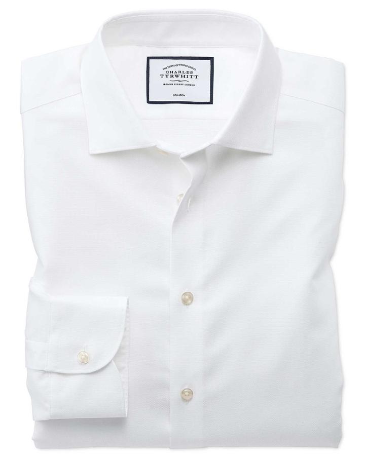  Slim Fit Business Casual Non-iron Cotton Linen White Dress Shirt Single Cuff Size 14.5/33 By Charles Tyrwhitt