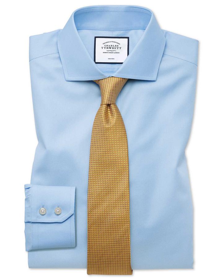  Slim Fit Sky Blue Non-iron Twill Spread Collar Cotton Dress Shirt Single Cuff Size 14.5/32 By Charles Tyrwhitt
