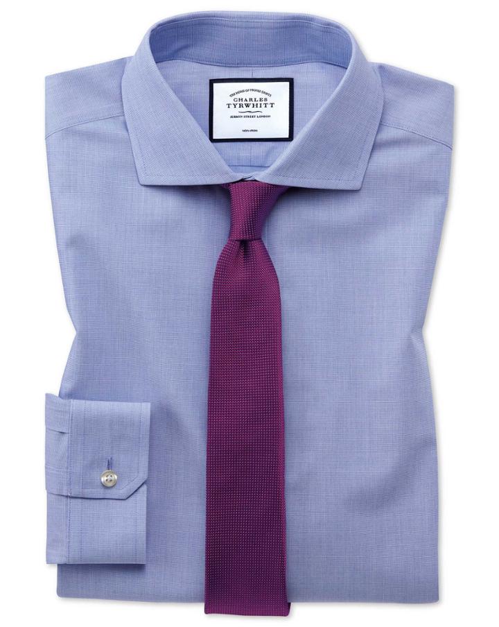 Super Slim Fit Non-iron 4-way Stretch Blue Cotton Dress Shirt Single Cuff Size 14/33 By Charles Tyrwhitt
