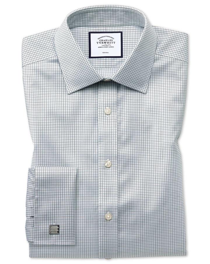  Slim Fit Non-iron Twill Mini Grid Check Grey Cotton Dress Shirt French Cuff Size 14.5/33 By Charles Tyrwhitt