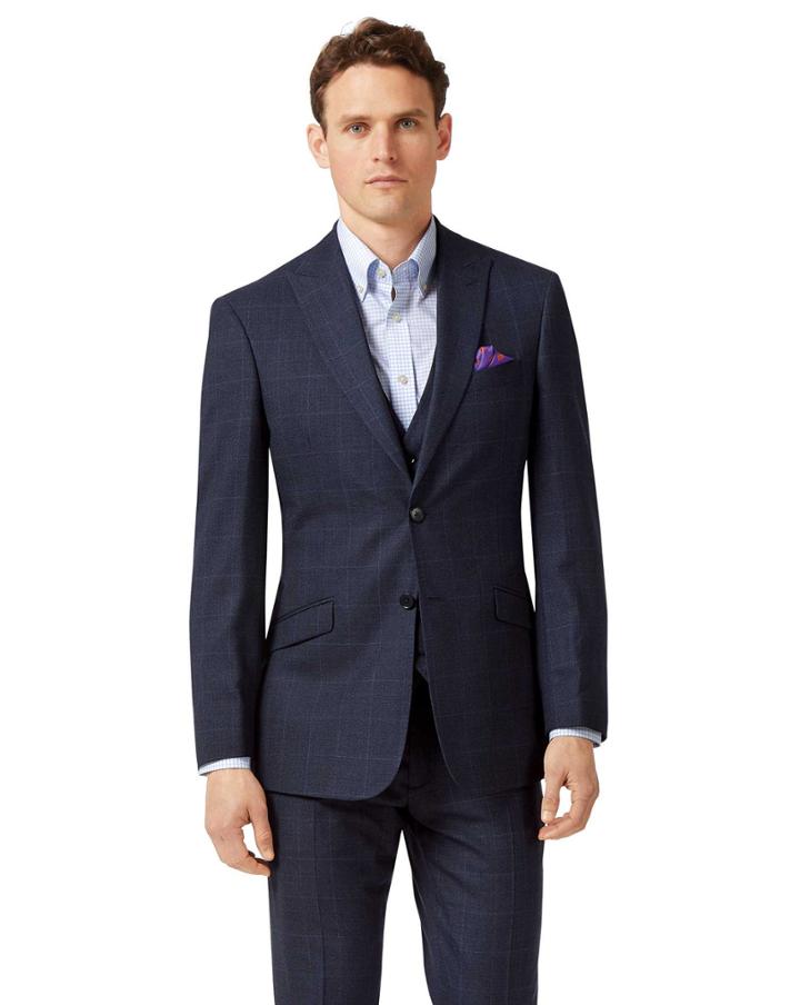  Blue Slim Fit Jaspe Check Business Suit Wool Jacket Size 38 By Charles Tyrwhitt