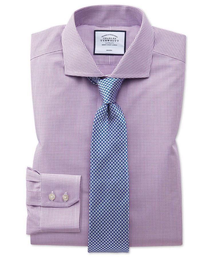  Slim Fit Non-iron Natural Cool Pink Check Cotton Dress Shirt Single Cuff Size 14.5/33 By Charles Tyrwhitt
