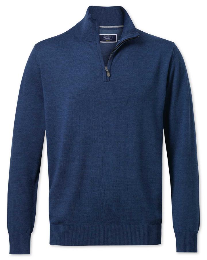  Mid Blue Merino Wool Zip Neck Sweater Size Medium By Charles Tyrwhitt