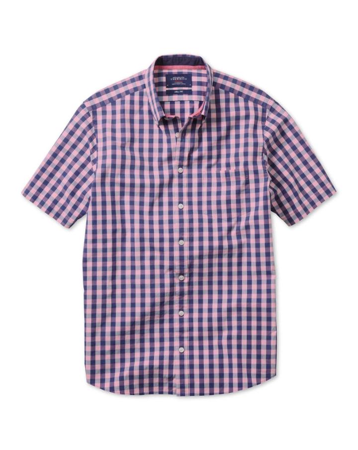 Charles Tyrwhitt Charles Tyrwhitt Slim Fit Washed Favorite Gingham Check Pink And Navy Short Sleeve Shirt