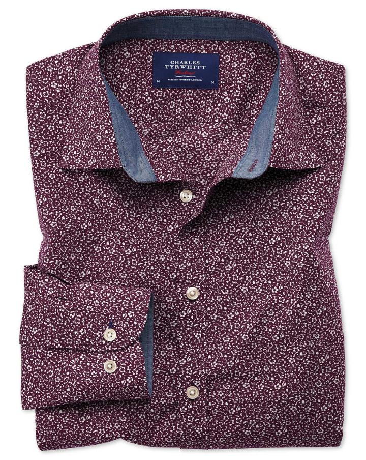 Charles Tyrwhitt Slim Fit Purple Leaf Print Cotton Casual Shirt Single Cuff Size Medium By Charles Tyrwhitt