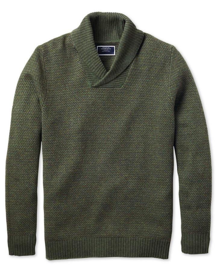  Olive Shawl Collar Jacquard Wool Sweater Size Large By Charles Tyrwhitt