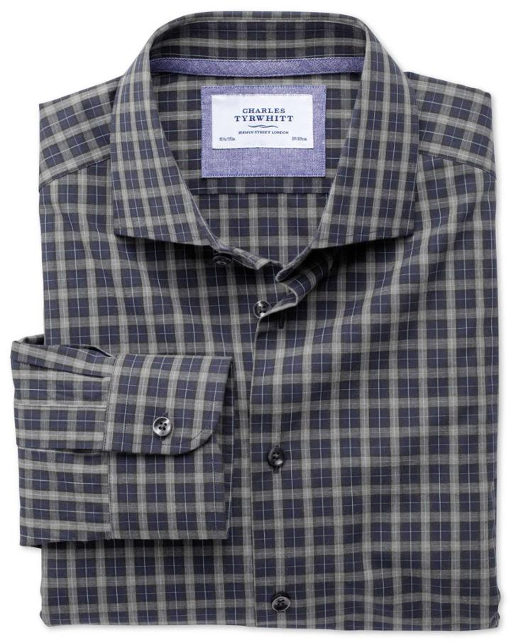 Charles Tyrwhitt Slim Fit Semi-spread Collar Business Casual Melange Navy And Grey Check Egyptian Cotton Dress Shirt Single Cuff Size 15/35 By Charles Tyrwhitt