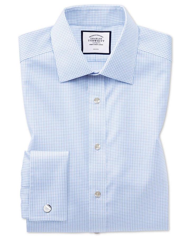  Slim Fit Non-iron Sky Blue Mini Grid Check Twill Cotton Dress Shirt French Cuff Size 14.5/33 By Charles Tyrwhitt